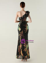 Black Mermaid Sequins One Shoulder Beading Prom Dress
