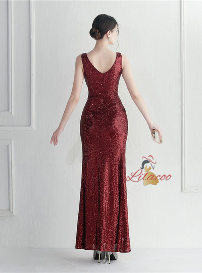 V-neck Sequins Pleats Split Prom Dress