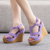 12 cm Wooden Grain Wedge Fishmouth Sandals