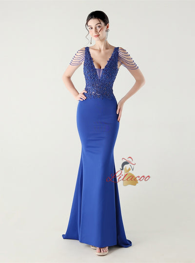 Mermaid V-neck Appliques Beading Prom Dress