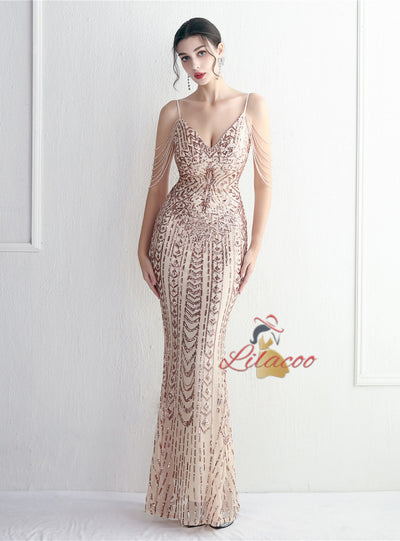 Sequins Mermaid Spaghetti Straps Beading Prom Dress