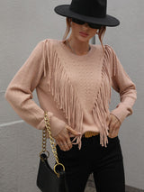 Loose Solid Color Fringed Pullover Sweater