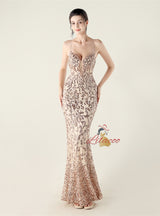 Spaghetti Straps Mermaid Sequins Beading Prom Dress