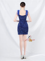 Short Sequins Straps Feather Prom Dress