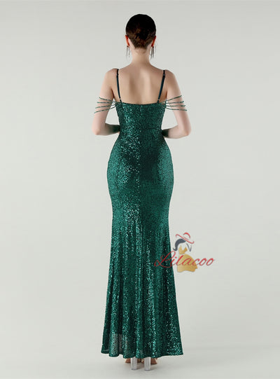Mermaid Sequins Spaghetti Straps Beading Prom Dress