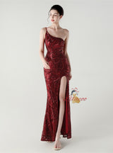 Mermaid One Shoulder Sequins Split Prom Dress