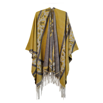 Leopard Cape Jacquard Travel Fringed Split Shawl