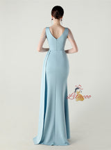 V-neck Appliques Split Beading Prom Dress