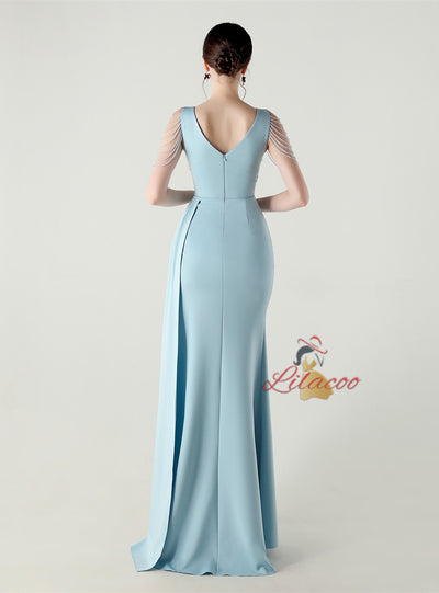 V-neck Appliques Split Beading Prom Dress