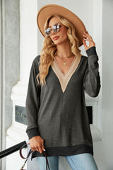 V-neck Contrast Split Loose Long Sleeve T-shirt