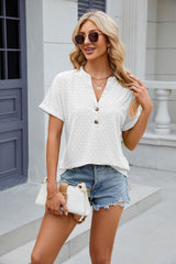 Solid Color V-neck Button Short Sleeve T-shirt