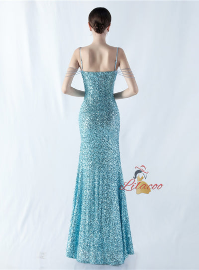 Sequins Straps Beading Split Prom Dress
