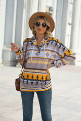Geometric Pattern Long Sleeve Hooded Button Top
