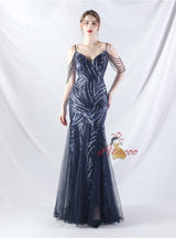 Spaghetti Straps Mermaid Sequins Tulle Beading Prom Dress