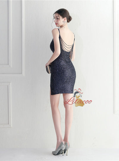 Spaghetti Straps Sequins Mini Prom Dress