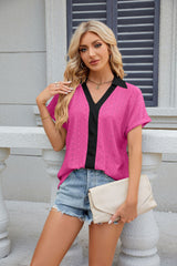 V-neck Contrast Short Sleeve Loose T-shirt
