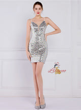 Gold Sequins Spaghetti Straps Short Prom Dress