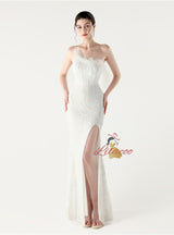 Mermaid One Shoulder Sequins Feather Prom Dress