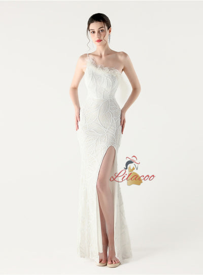 Mermaid One Shoulder Sequins Feather Prom Dress