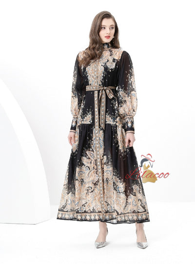 Palace Stand-up Printed Breasted Dress