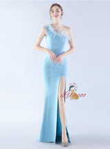 Mermaid One Shoulder Feather Split Prom Dress