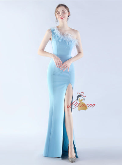 Mermaid One Shoulder Feather Split Prom Dress