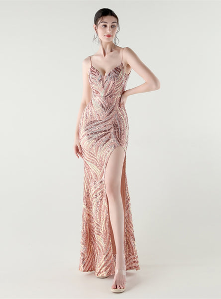 Mermaid Sequins Spaghetti Straps Split Prom Dress