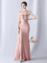 Mermaid Strapless Pleats Beading Split Prom Dress