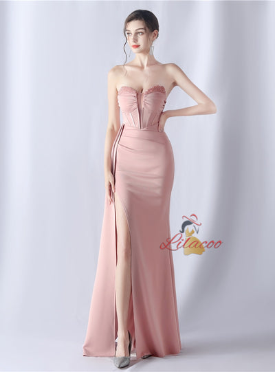 Mermaid Strapless Pleats Beading Split Prom Dress