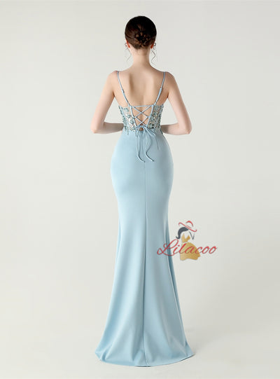 Mermaid Spaghetti Straps Appliques Split Prom Dress