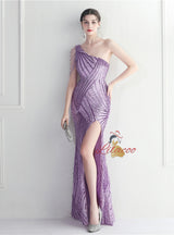 One Shoulder Sequins Beading Split Prom Dress