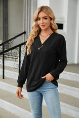 V-neck Button Loose Long Sleeve T-shirt