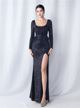 Long Sleeve Sequins Split Prom Dress