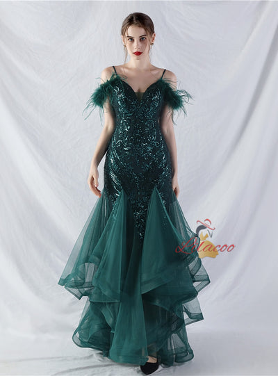 Mermaid Tulle Sequins Spaghetti Straps Prom Dress