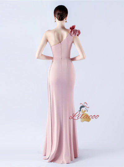 One Shoulder Pleats Flower Prom Dress