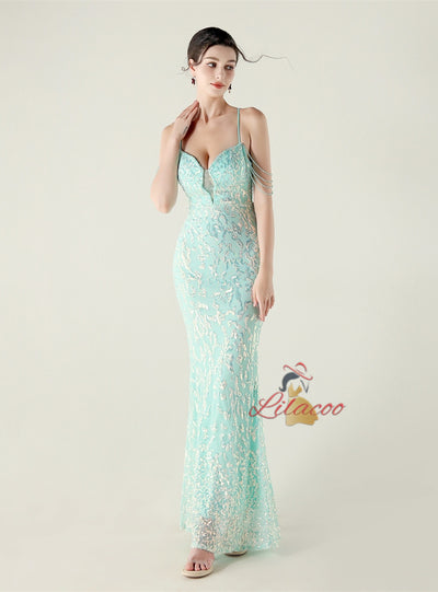 Mermaid Sequins Spaghetti Straps Beading Prom Dress