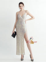 Spaghetti Straps Sequins Split Prom Dress