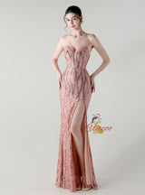Mermaid Sequins Strapless Split Beading Prom Dress