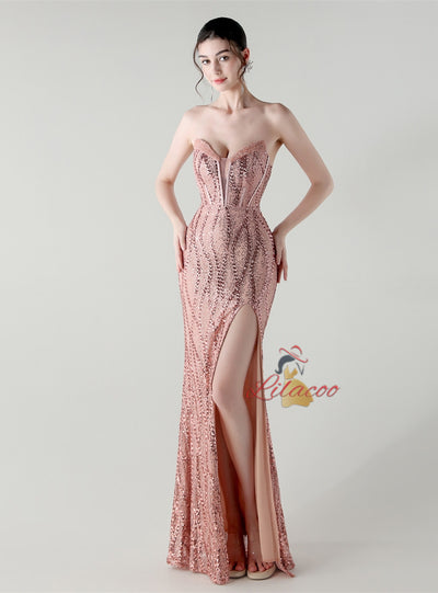 Mermaid Sequins Strapless Split Beading Prom Dress