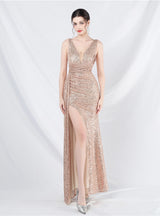 V-neck Sequins Split Prom Dress