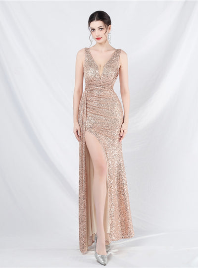 V-neck Sequins Split Prom Dress