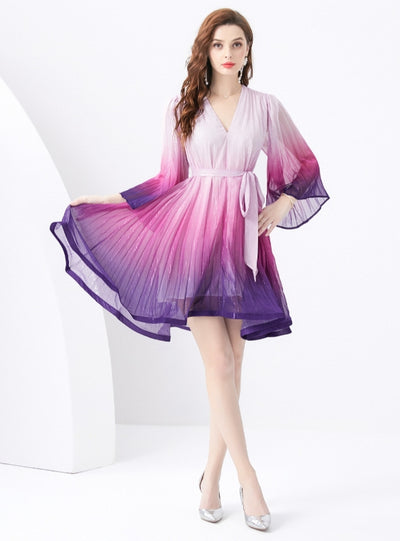 Holiday V-neck Trumpet Sleeve Pleated Gradient Dress