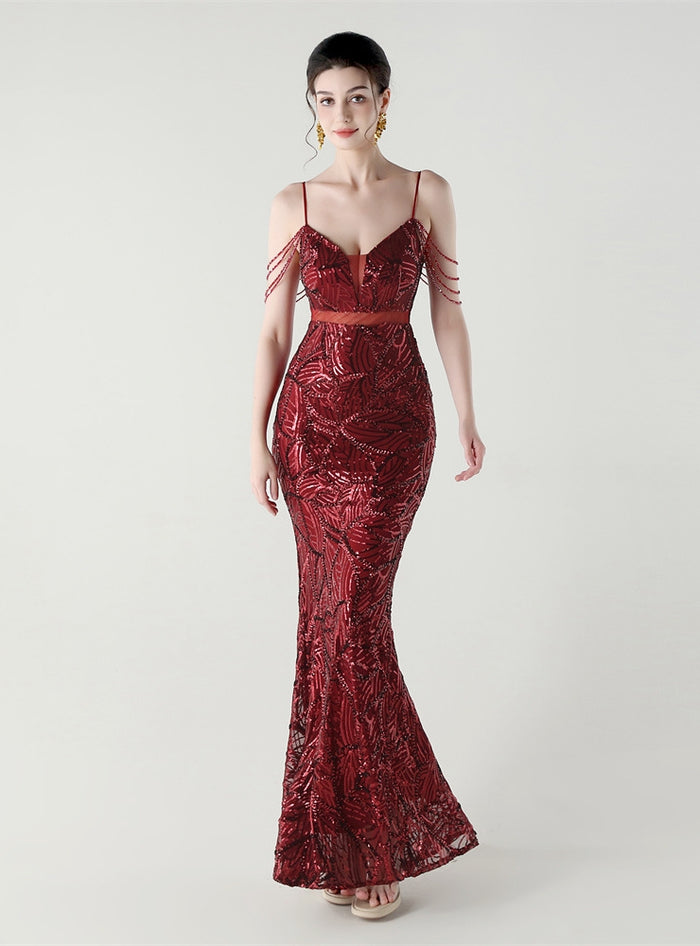 Mermaid Sequins Spaghetti Straps Beading Prom Dress