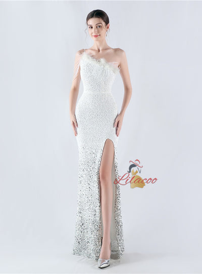 One Shoulder Mermaid Sequins Feather Split Prom Dress