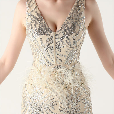 V-neck Mermaid Sequins Feather Prom Dress
