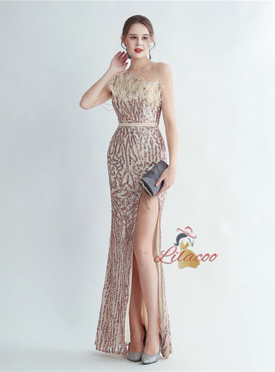 Mermaid Sequins One Shoulder Beading Split Prom Dress