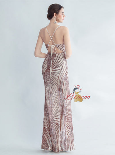 Sequins V-neck Backless Split Prom Dress