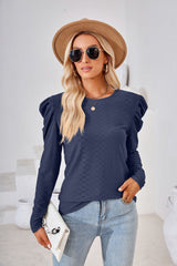 Round Neck Loose Pleated Long Sleeve T-shirt