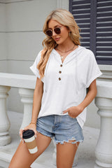 Solid Color Hooded Button Loose Short Sleeve T-shirt