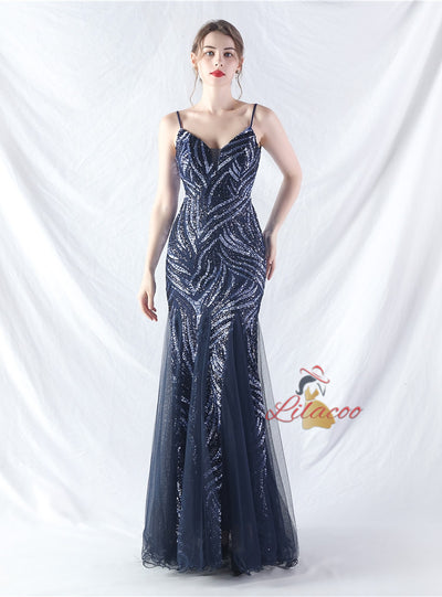 Mermaid Tulle Sequins Straps Prom Dress